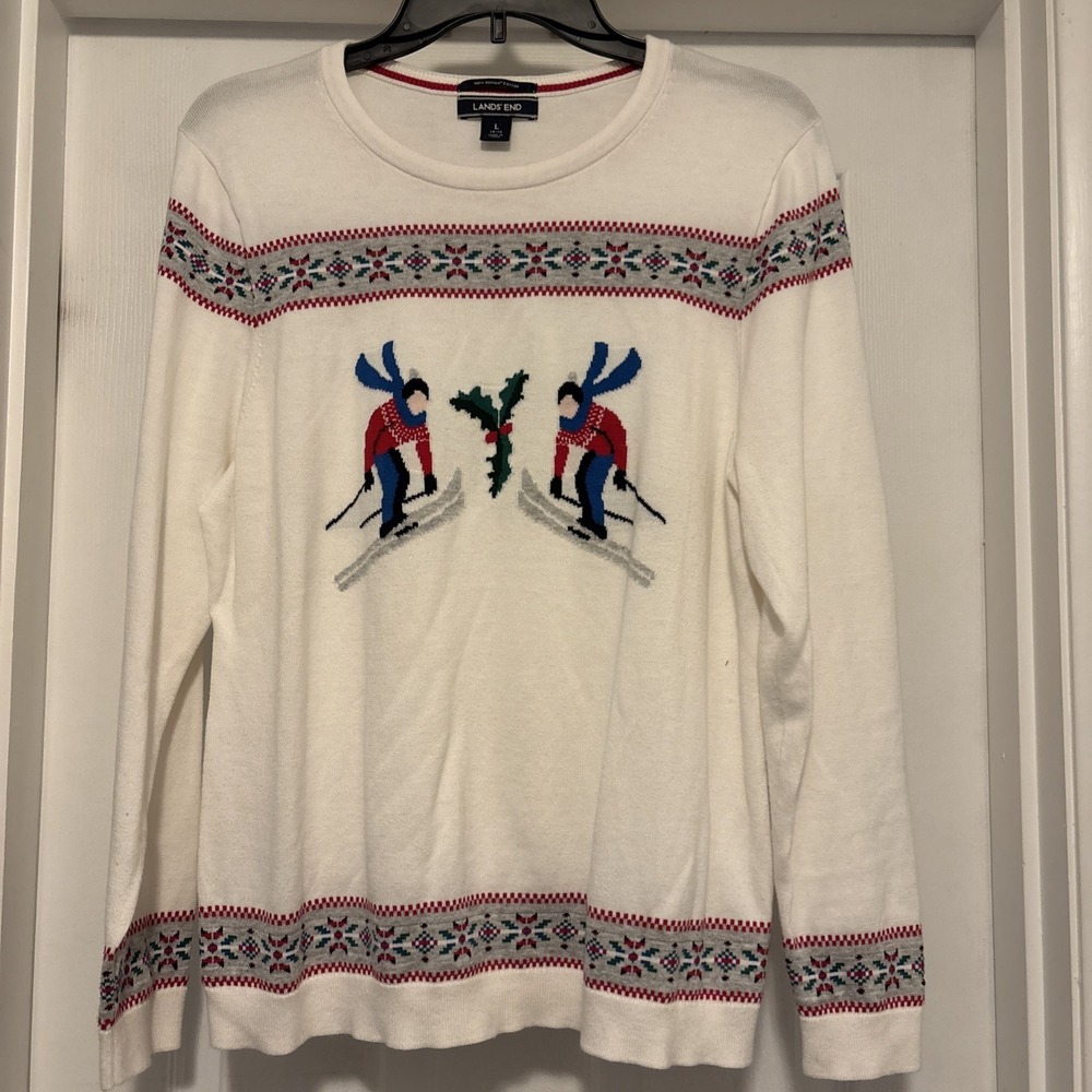 Lands End Skier Fair Isle Holiday Winter Supima Cotton Lightweight Sweater Large